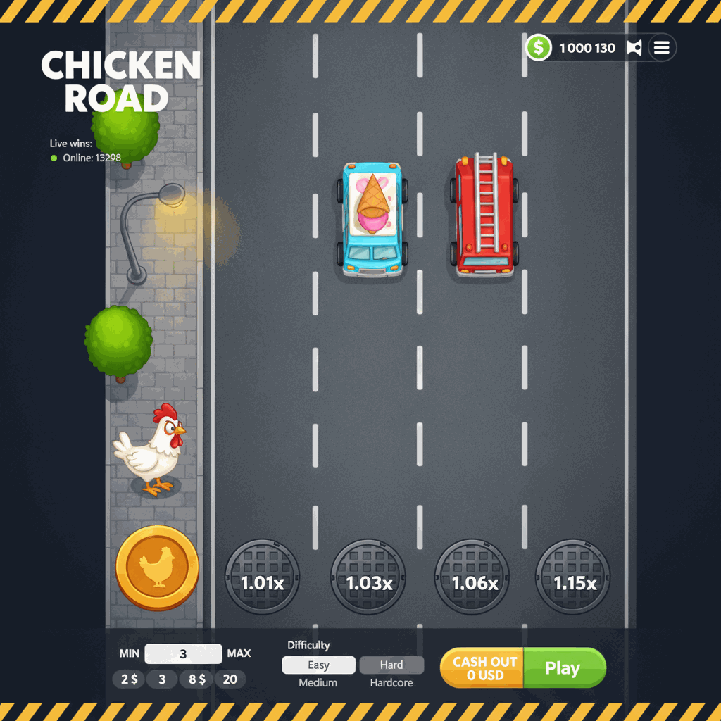 Chicken Road crash game interface showing a cartoon chicken character standing on a sidewalk ready to cross a multi-lane road with cars, manhole covers displaying multiplier values on each lane, and game controls at the bottom