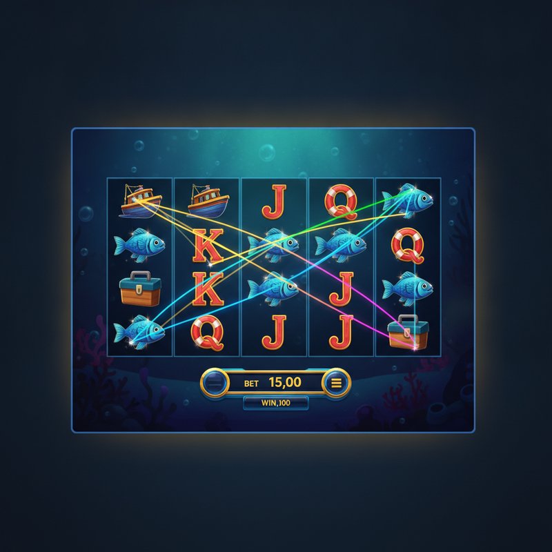 Fishin Frenzy gameplay showing coloured paylines across the 5x3 reel layout with active win lines