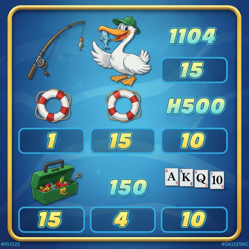 Fishin Frenzy paytable showing pelican, fishing rod, life preserver, tackle box and card symbol payouts